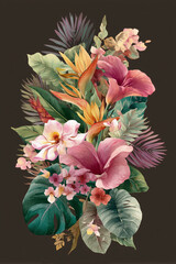 poster of a beautiful arts bouquet of tropical flowers, orchids, monstera