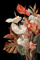 poster of a beautiful arts bouquet of tropical flowers, orchids, monstera