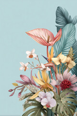 poster of a beautiful arts bouquet of tropical flowers, orchids, monstera