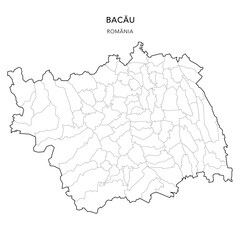 Obraz premium Vector Map of Bacău County (Județul Bacău) with all Administrative Territorial Units (UAT) including Municipalities (Municipii), Towns (Orașe) and Communes (Comune) - Romania 2025