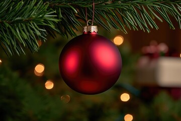 Shiny red ornament hanging on evergreen branch, soft bokeh light