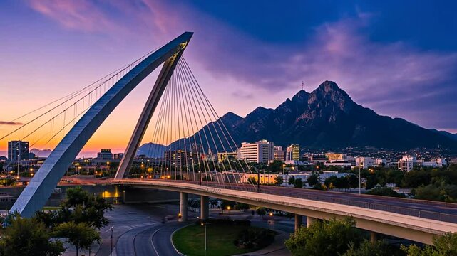 Stunning Sunset Over Monterrey Mexico with Puente Atirantado Bridge and Mountain