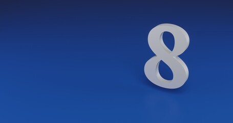 Isolated realistic white number eight symbol with shadow. Located on the right side of the scene. 3d illustration on transparent background
