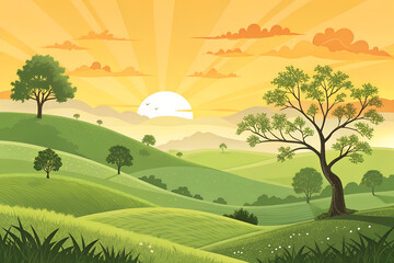 Obraz premium Serene Sunrise over Rolling Green Hills and Lush Meadows