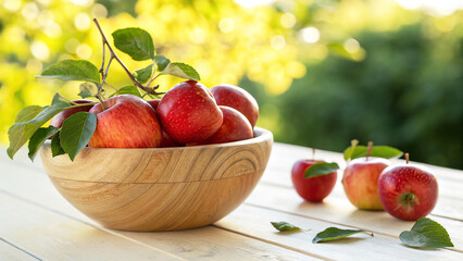 Red Apple in Wooden bowl on wooden table in Natural Background with warm sunlight Close-up view