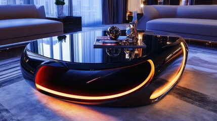 Naklejka premium Futuristic Coffee Table with LED Lighting in Modern Living Room