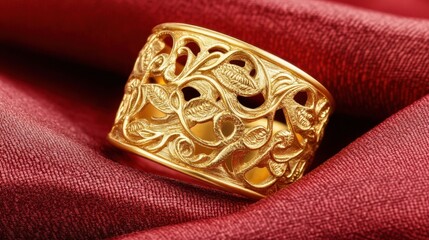 Naklejka premium Ornate gold ring with filigree earrings set artistically on folded red fabric
