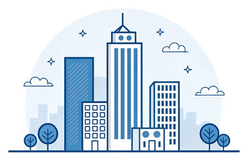 Modern City Skyline Illustration Blue Line Art Style