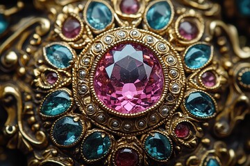 Fototapeta premium Exquisite Pink and Teal Gemstone Jewelry Close-up