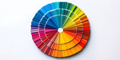 Obraz premium Vibrant circular color wheel with rainbow hues sits centered on pure white background, bright studio lighting enhances bold pigment contrast.