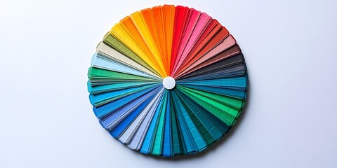 Fototapeta premium Vibrant circular color wheel with rainbow hues sits centered on pure white background, bright studio lighting enhances bold pigment contrast.