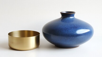 Sleek ceramic vase in blue contrasted by a classic gold item placed on minimalist white background