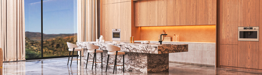 Luxury kitchen interior with marble island and wood cabinets