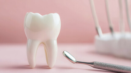 dental model tooth with dental mirror on pink background, symbolizing oral health