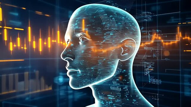 Futuristic digital human head profile against a tech background with data visualization elements