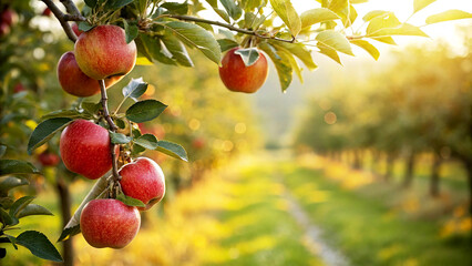 Red apples hanging from a trees branch in Natural view