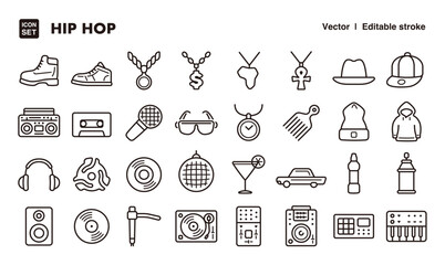Hip hop line icon set. Vector editable stroke icon.