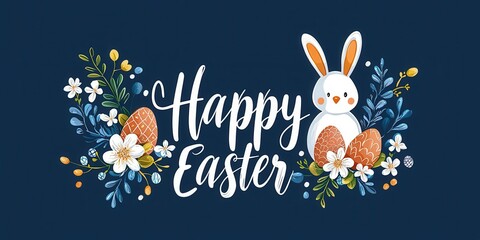 A cheerful Easter celebration with a bunny and decorated eggs amidst flowers.