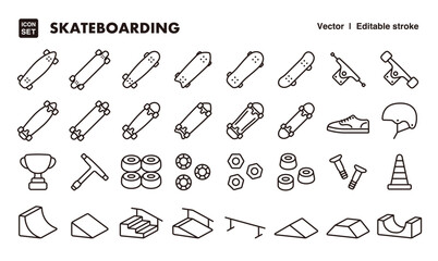 Skateboarding line icon set. Vector editable stroke icon.