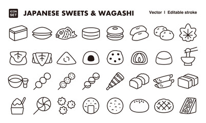 Japanese sweets line icon set. Vector editable stroke icon.