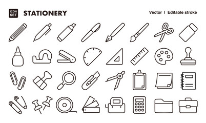 Stationery line icon set. Vector editable stroke icon.