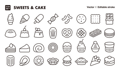 Sweets and cake line icon set. Vector editable stroke icon.