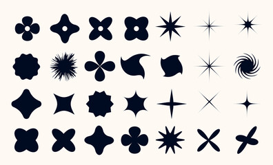Abstract bold Geometric and Star Shapes Collection figures in Y2k retro futuristic aesthetic style. Various graphic silhouettes elements set. Flat Icon Pack of Abstract Elements. Vector illustration