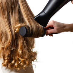 Fototapeta premium Girl curly hair with hair dryer and hair comb brush back view on white background isolation, dry hair concept