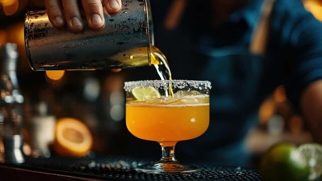 Golden Elixir: A bartender meticulously pours a vibrant, golden cocktail into a meticulously prepared glass rimmed with salt, garnished with a lime wedge.