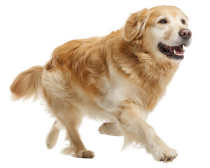Fototapeta premium golden retriever with joyful expression is running playfully, showcasing its beautiful golden fur and energetic demeanor. This friendly dog embodies happiness and vitality