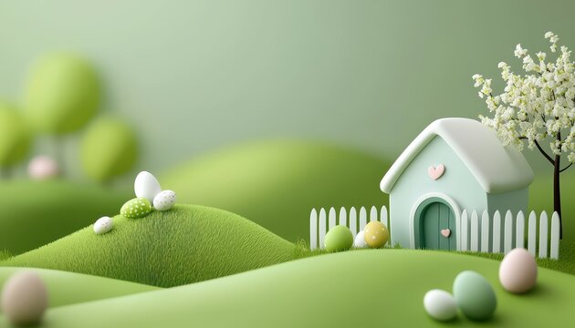 A whimsical green landscape featuring a charming house and colorful easter eggs.