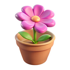 Obraz premium Cute pink flower in a terracotta pot. A cheerful illustration of a potted plant. . 3D Cartoon plastic style icon