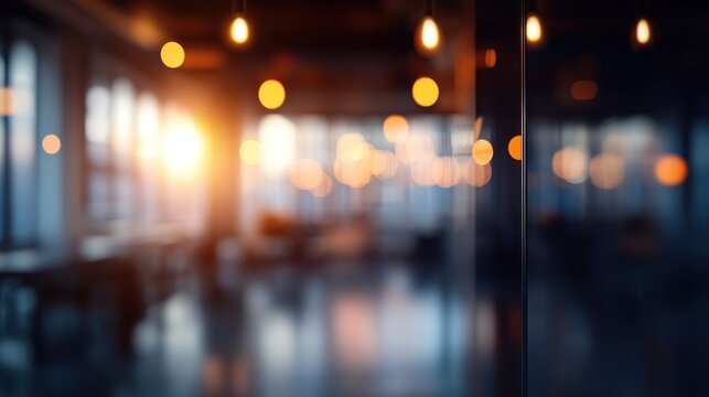 Blurred image of a modern office space with warm lighting and large windows, showcasing a sunlit interior.