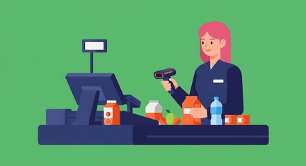 Modern Illustration of a Smiling Cashier Scanning Groceries at Checkout