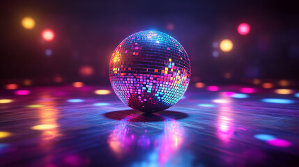 Obraz premium A stunning disco ball sits at the center of a lively dance floor, reflecting an array of colorful lights. The atmosphere is festive, with shadows and vibrant hues enhancing the evening celebration