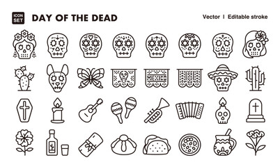 Day of the dead line icon set. Vector editable stroke icon.