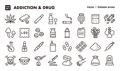 Addiction and drug line icon set. Vector editable stroke icon.