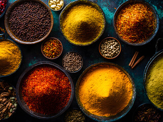 Colorful Assortment of Spices and Herbs in Bowls on Blue Background. Vibrant display of various spices and herbs in bowls, showcasing a rich mix of colors and textures perfect for culinary or artistic