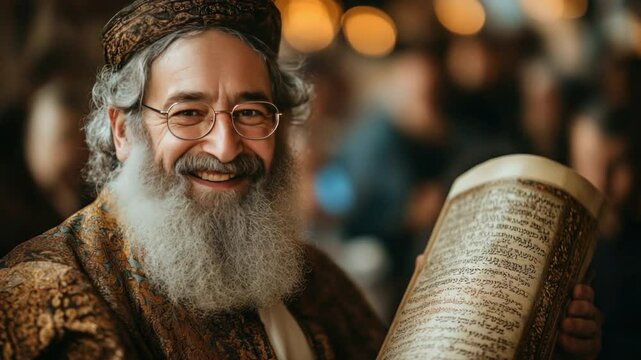 Smiling Rabbi with Scroll: A close-up portrait of a smiling rabbi, radiating wisdom and serenity, holding a sacred scroll in a softly lit setting, embodying faith and tradition.