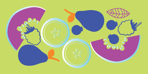 Fototapeta premium Appetizing fruit and berries collection. Decorative abstract horizontal banner with colorful doodles. Hand-drawn modern illustrations with fruit and berries, abstract elements. Abstract series 