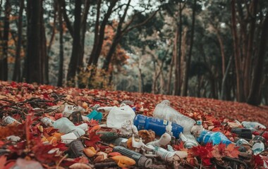 Obraz premium A forest with trash and plastics scattered on the ground