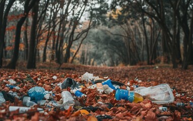 Obraz premium A forest with trash and plastics scattered on the ground
