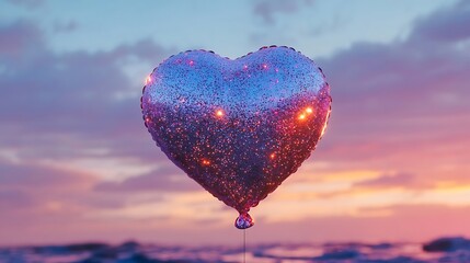 Fototapeta premium A heart-shaped balloon with a glittery surface floating in the sky 