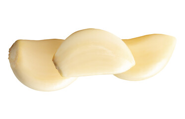 Side view of peeled garlic cloves or pieces in stack isolated with clipping path in png file format