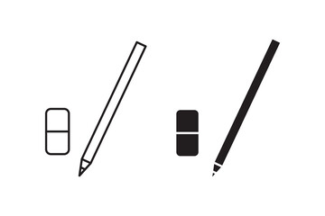 Flat icon set of pencil and eraser in black and white, great for school, office, and creative designs