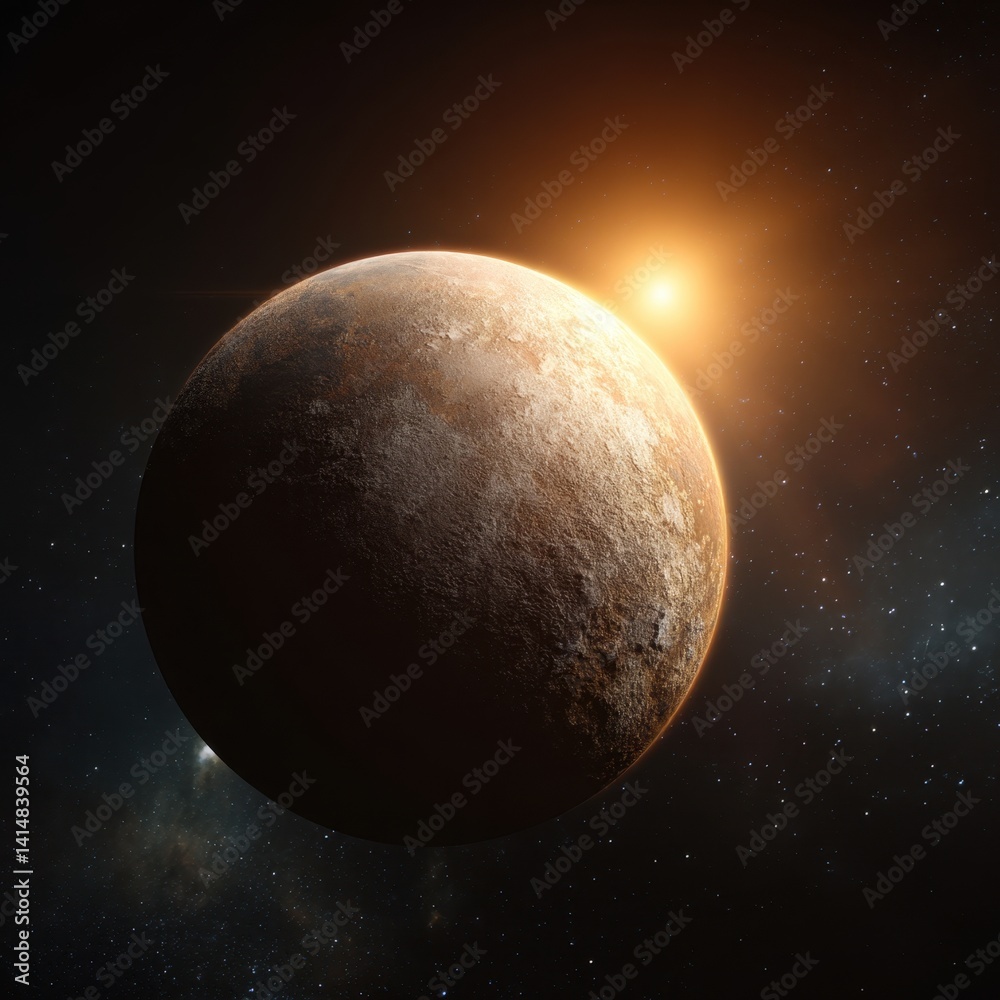Wall mural dramatic planet in deep space with a distant sun casting a warm glow on its textured surface