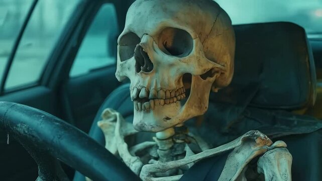 Skeleton driving a car, caution, warning, death on the road concept video. Danger of drunk driving or texting while driving. Safety message motion picture film clip.
