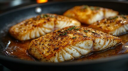 Pan-seared fish fillets glisten with spices in a hot skillet, promising culinary delight and mouthwatering flavors
