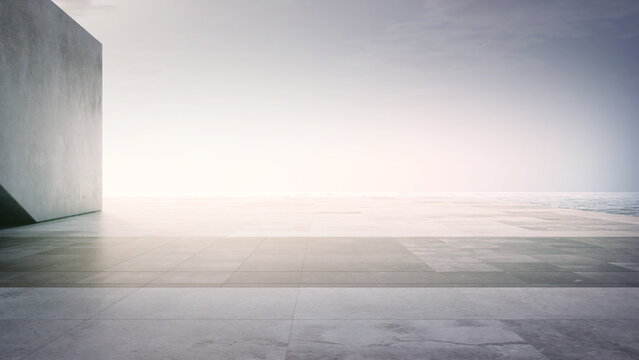 Empty concrete floor terrace near water. 3d rendering of abstract gray building with sea and clear sky background.