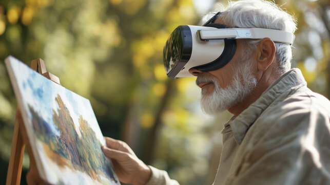 Elderly man immersed in painting while wearing virtual reality headset in an outdoor setting. Scene captures blend of traditional and modern technology in artistic expression